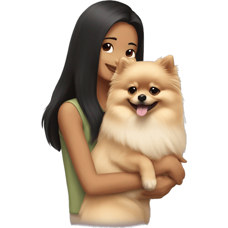 A cream-colored Pomeranian dog in the arms of a dark-haired girl emoji