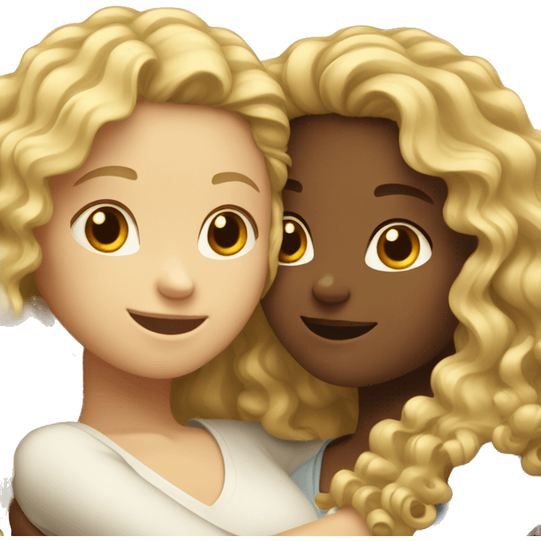 blond girl and brunette curly girl hugging emoji