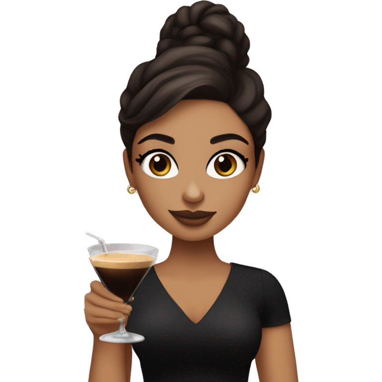 Tan girl with brown eyes and dark brown hair with lashes holding espresso martini. Wearing makeup and black top emoji