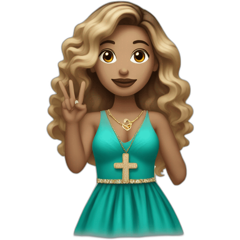 Draw a Latina woman with caramel-colored skin and long wavy dark brown and blonde ombré hair in a turquoise evening dress and wearing a cross necklace, holding up a peace sign emoji