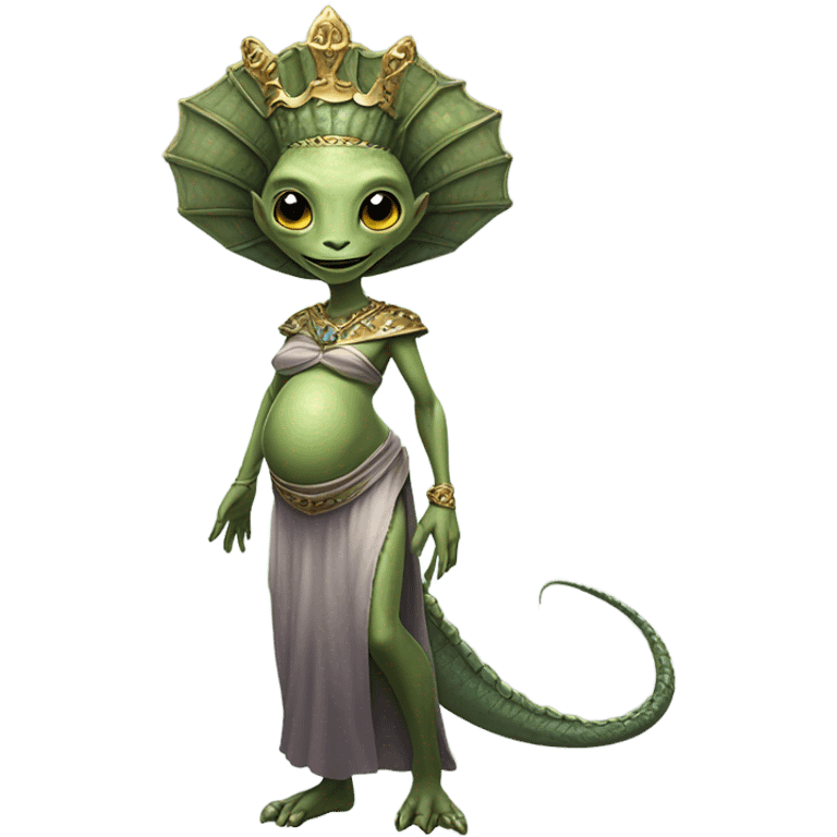 Pregnant reptilian alien woman, full body, have a crown emoji