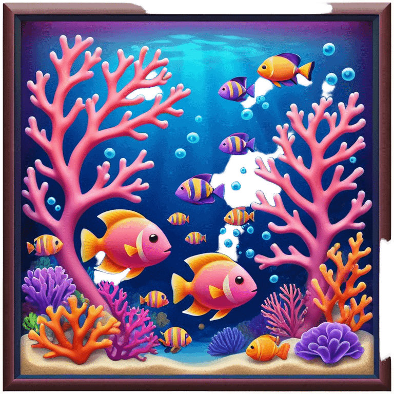 Cinematic Realistic Coral Reef Emoji in a wooden frame, Vibrant and alive, with colorful corals in hues of pink, purple, and orange, swaying gently with the underwater currents. Schools of tropical fish dart between the coral, with soft rays of sunlight piercing through the clear blue water above, creating a magical, serene underwater world. Soft glowing outline, capturing the essence of the bustling, colorful, and peaceful aquatic paradise. emoji