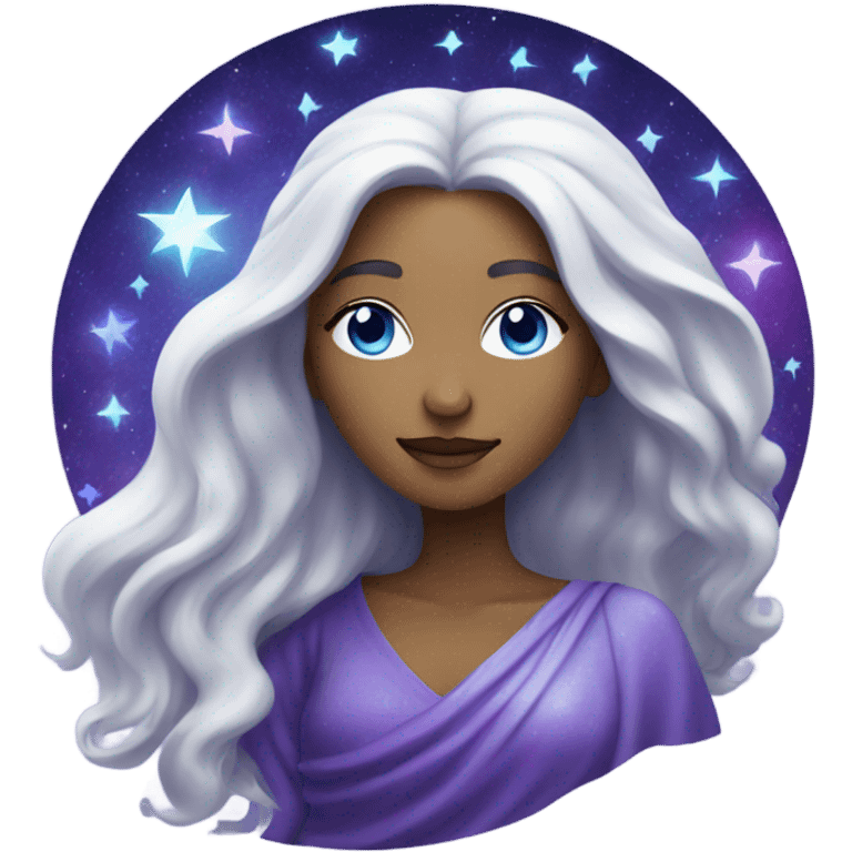 white mystical woman with sparkling galaxy hair with moon and stars in purple and blue shades emoji