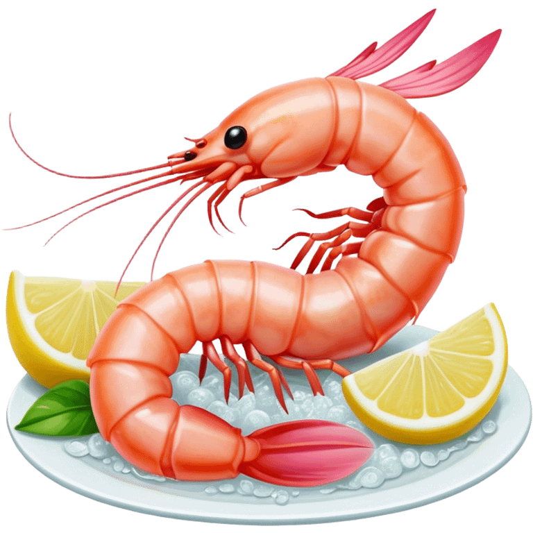 Cinematic glistening shrimp, pink and juicy, slightly curled with a light char, served with lemon wedges, ultra-detailed and fresh, warm glowing background. emoji