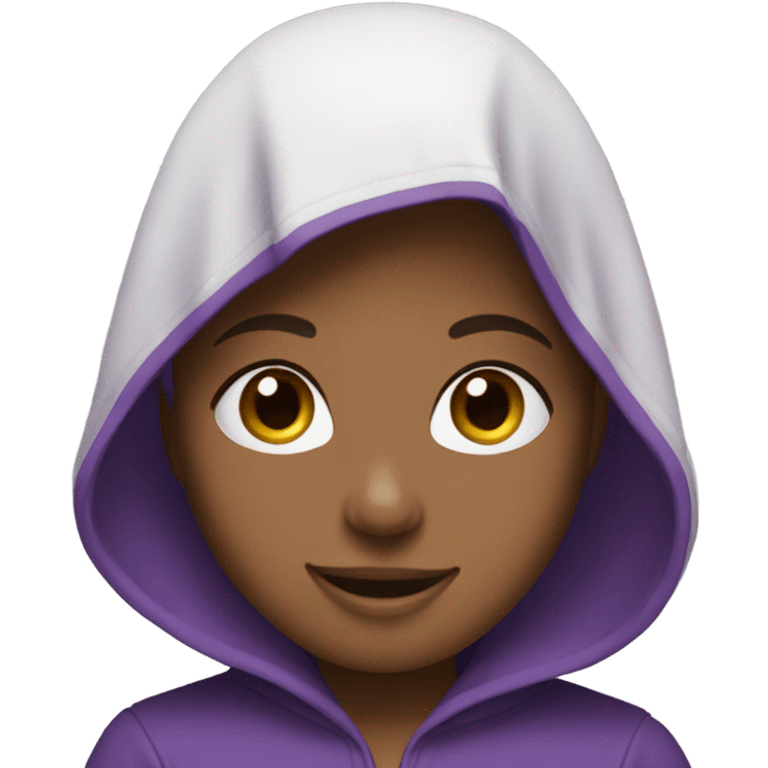 happy girl with curly hair in purple hood indoors emoji