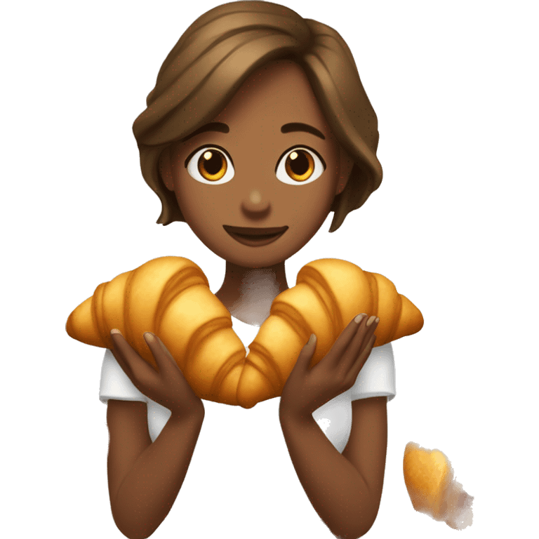 girl with brown hair below her shoulders holds croissants emoji