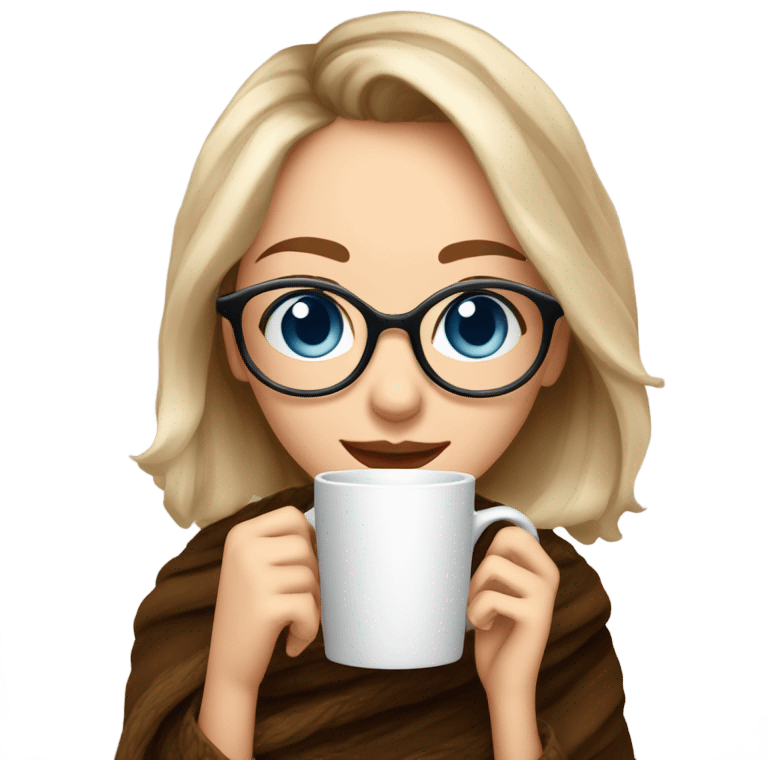 Balayage short hair Girl drinking coffee, with a cozy blanket wearing glasses with blue eyes beautiful  emoji