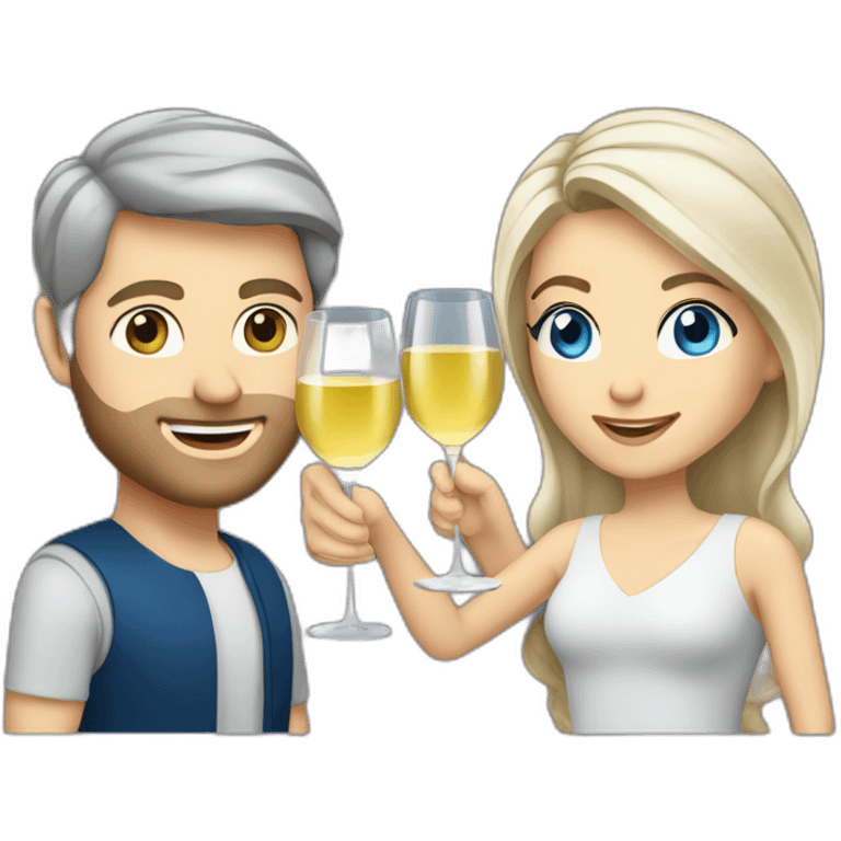 caucasian woman with brown eyes and blond medium long hair and a caucasian man with blue eyes and grey hair, toasting with a glass of white wine emoji