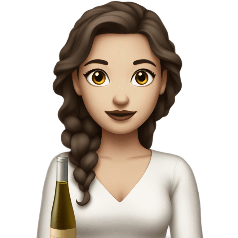 rich girl with white skin, long brown hair, dark eyes, with makeup, with wine emoji