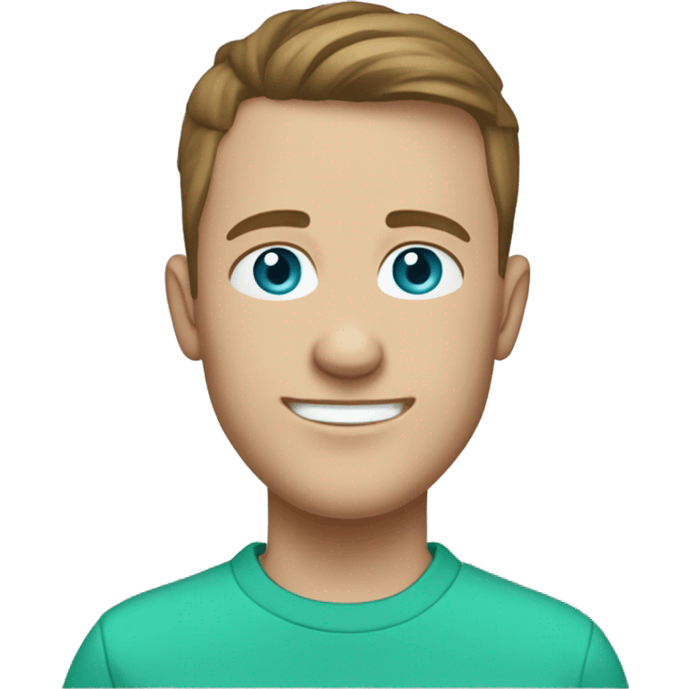 Smiley male with skin fade brown hair and a pale complexion with a few freckles. Blue eyes, wearing a turquoise green hoody emoji