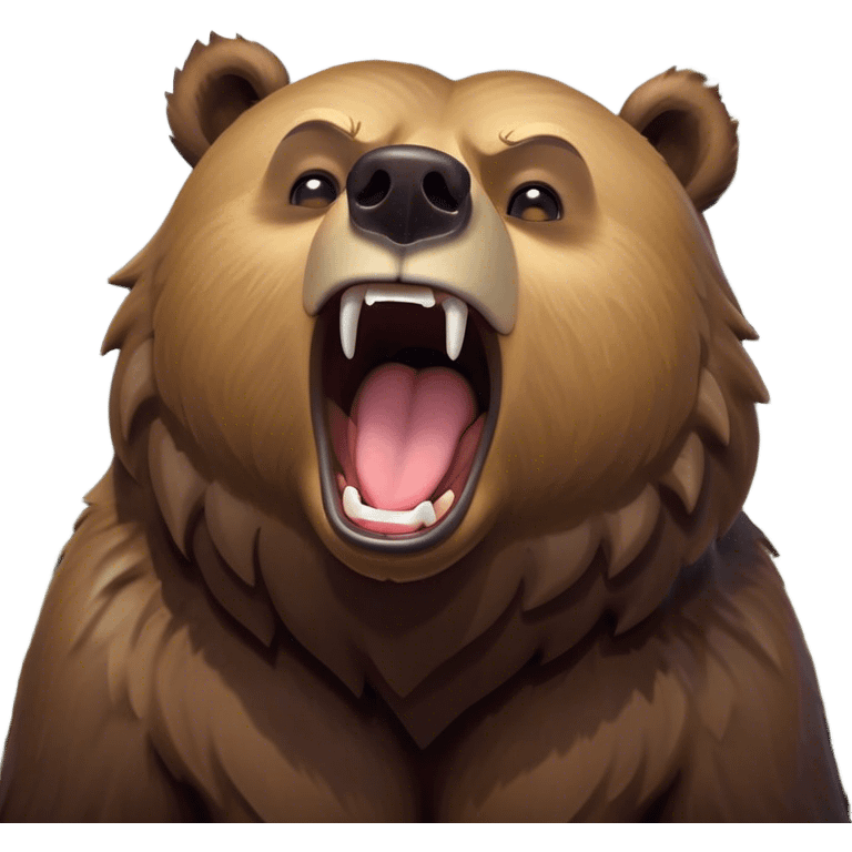 Cinematic Cute Yawning Grizzly Bear Portrait Emoji, Head tilted slightly with a dramatic, wide-open yawn, showcasing a thick, rugged deep brown fur with drooping ears, round eyes barely open in drowsy contentment, Simplified yet irresistibly adorable features, highly detailed, glowing with a soft, cozy glow, high shine, relaxed yet expressive, stylized with a touch of wild whimsy, bright and endearing, soft glowing outline, capturing the essence of a sleepy yet affectionate grizzly, so drowsy it feels like it could stretch out of the screen and curl up for a nap! emoji