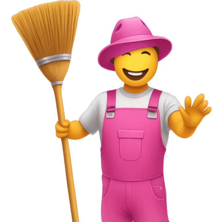 An illustration of an emoji holding a broom, bucket and taking a selfie, in pink and gold colors. emoji