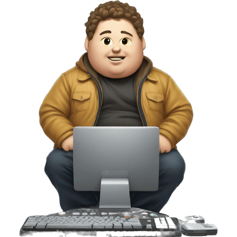 Fat kid in jacket playing on his gaming computer  emoji