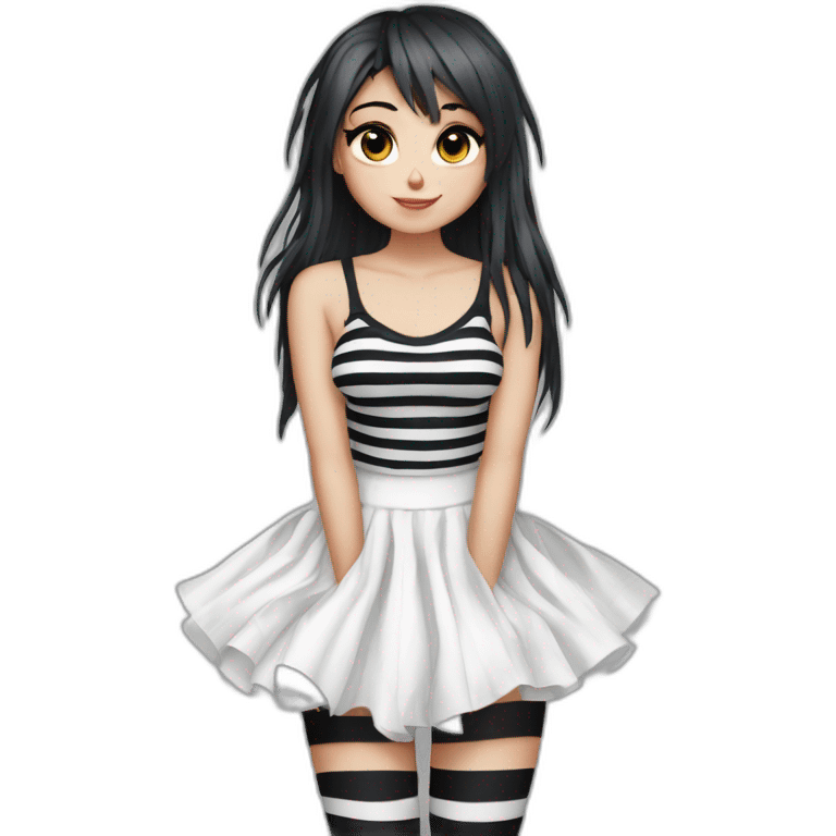 Frontal view curvy emo girl sits white skirt striped stockings hands up emoji