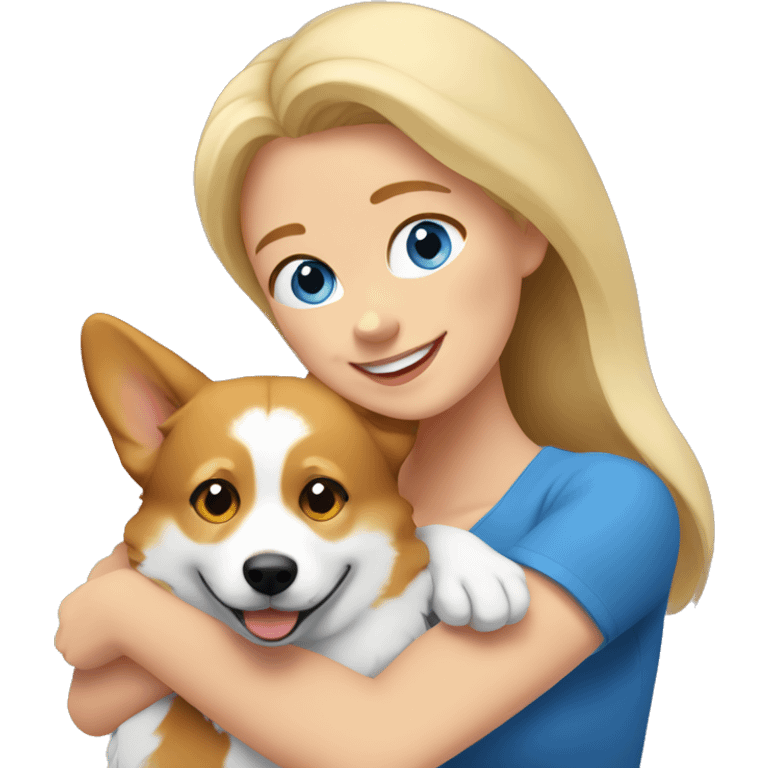 Blue eyed blond woman hugging corgi happily emoji