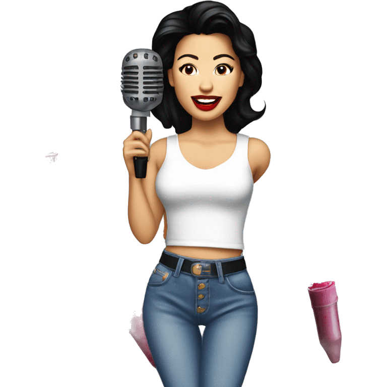 Selena Quintanilla singing into a lipstick-stained microphone dressed in a white top and 90s-style jeans emoji