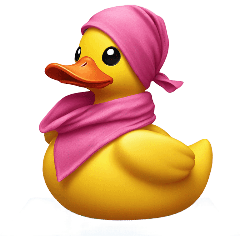 Side view of yellow rubber duck w a pink bandana doing yoga  emoji