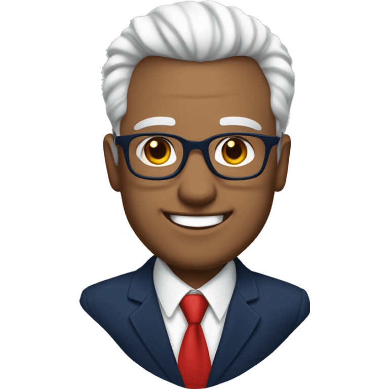 A heavy man, white skin, white hair, with glasses, no beard, smiling with teeth, and wearing a navy blue suit and red tie emoji