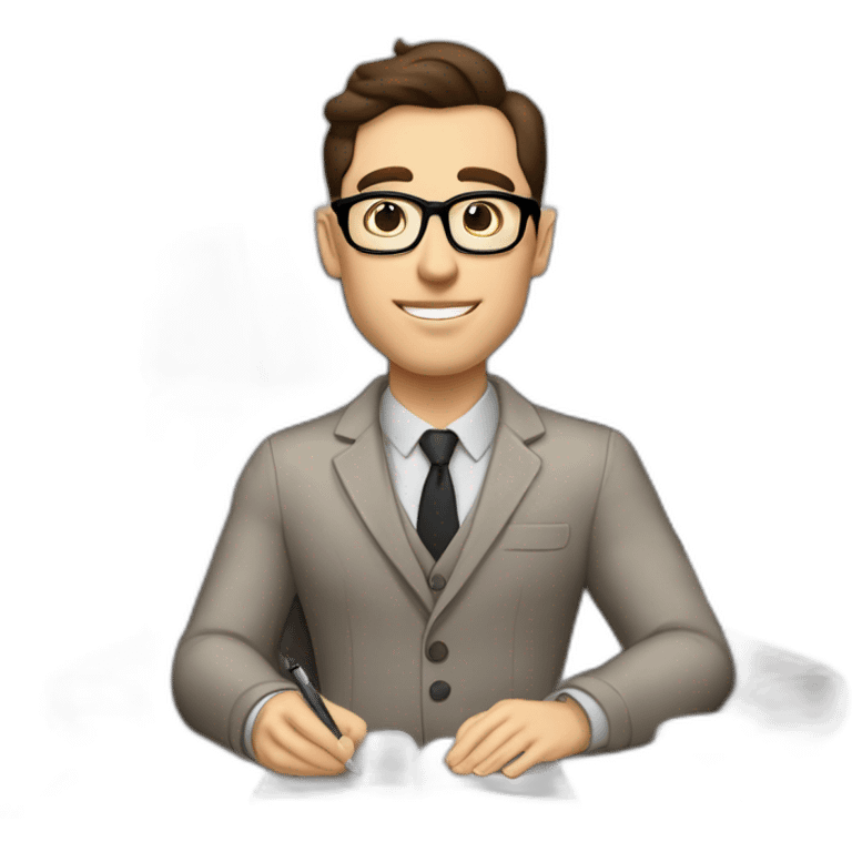 Pale skinned Fit Man With dark brown hair in gray jacket, beige office shirt, Brown pants and vintage glasses sitting In a soft chair with a notebook with emblem Ψ and a pen in his hands emoji