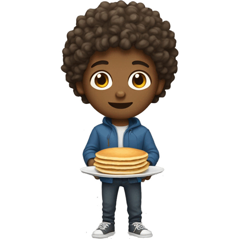 white boy with curly hair with pancakes in hand emoji