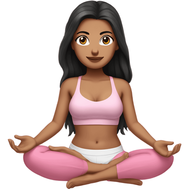 A white girl with brown eyes and black long hair,  is sitting in a lotus position in a pink bra top and short white skirts emoji