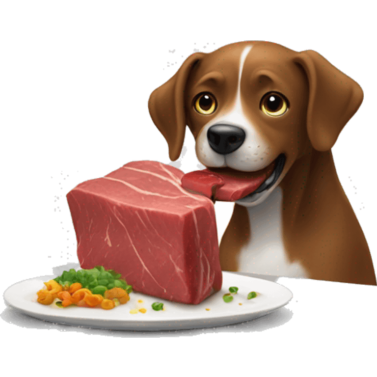 Dog eating a steak at the dinner table  emoji