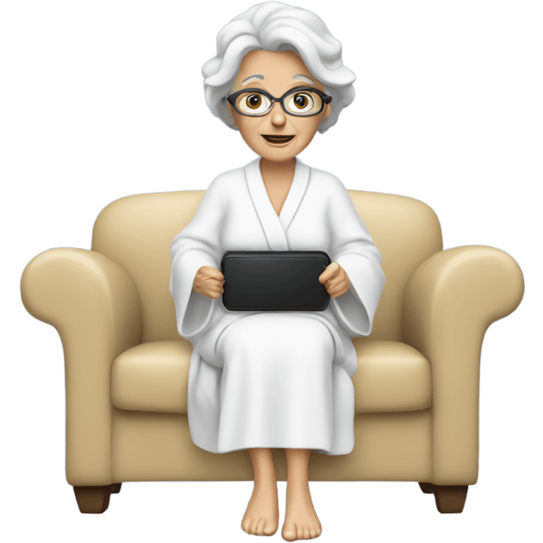 White 60 year old woman wearing a white robe watching tv from a couch  emoji