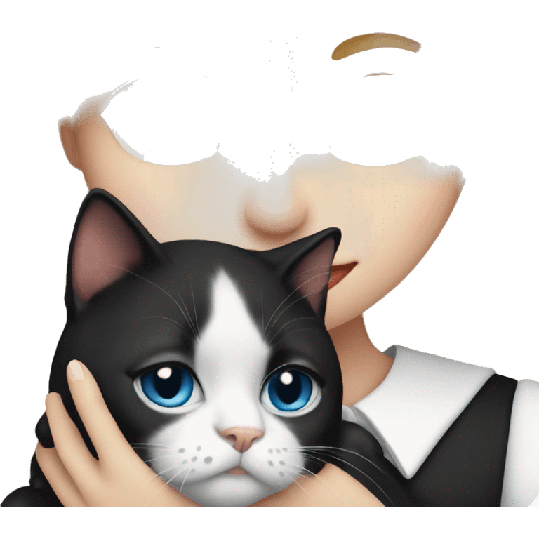 Blonde girl with blue eyes, cuddling a black&white tuxedo cat emoji