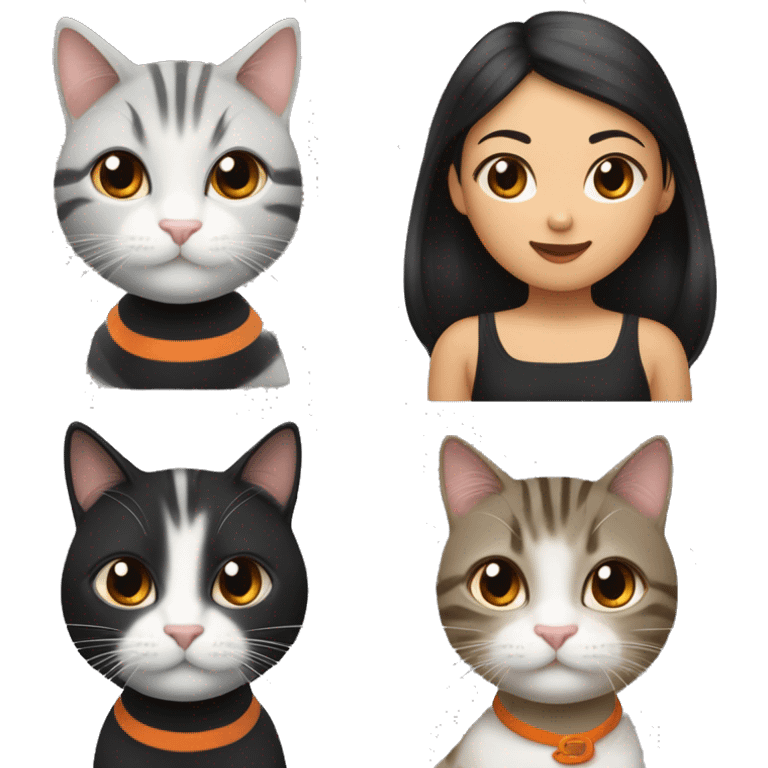 3 cats, one is grey tabby, one is 3 colors with orange black and white also she has spot on her upper lip like mustache. And one is orange tabby. I’m pretty asian woman with dark brown long hair wearing black tutle neck and so many cats hairs on it emoji