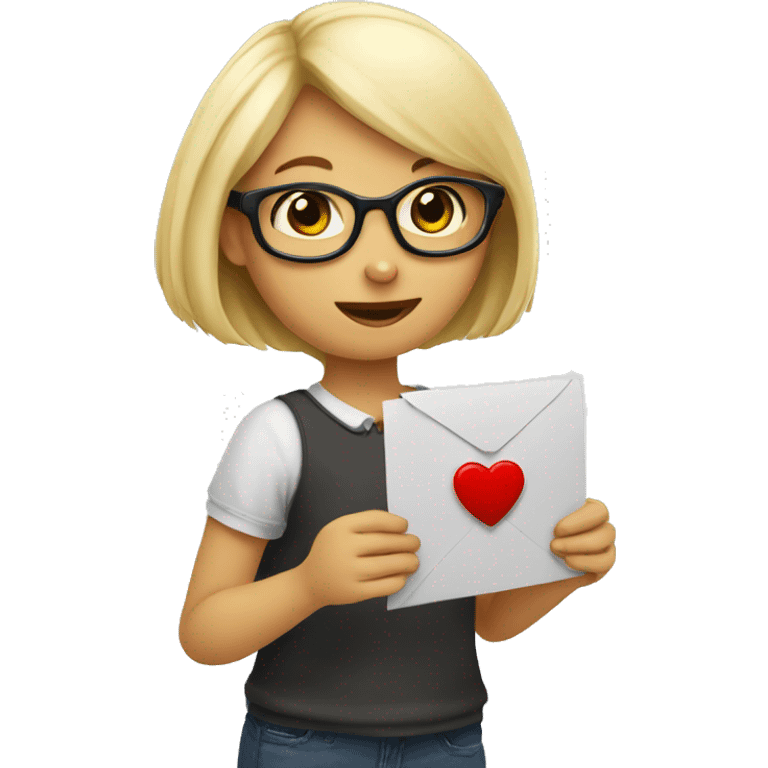 A blond girl with glasses holding a heart enveloppe in her hand and pulling a letter o emoji