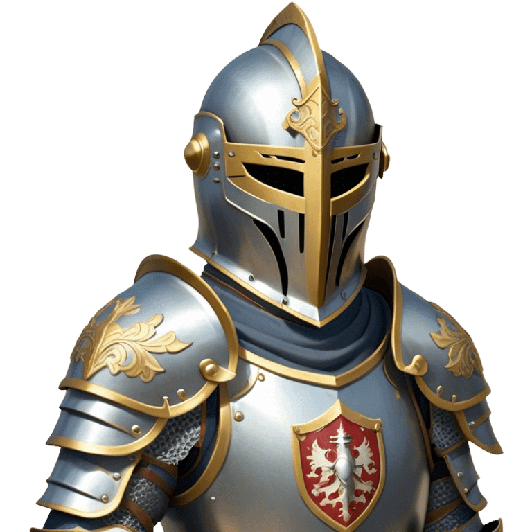 Clash of Clans aesthetic: Cinematic heroic Armored Knight Hero close up Emoji, rendered in a 3D vector-style similar to standard emojis with minimal shading and bold, simplified shapes. A compact, isometric warrior clad in gleaming plate armor with intricate heraldic details, softly glowing with a chivalrous medieval charm. Simplified yet unmistakably iconic, highly detailed and consistent, glowing with a soft radiant shine and high polish. Stylized with a touch of noble valor and a soft glowing outline, wearing a full face helm so that no face is visible with only eyes visible, capturing the essence of a gallant knight ready for honorable battle with a friendly, playful manner! emoji