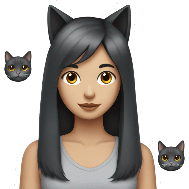 light grey cat with girl black hair emoji