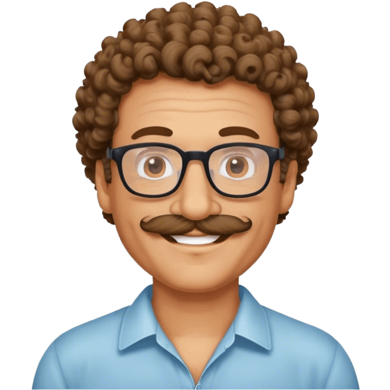 A lightly tanned middle aged man with glasses smiling, curly hair, a mustache ￼ emoji