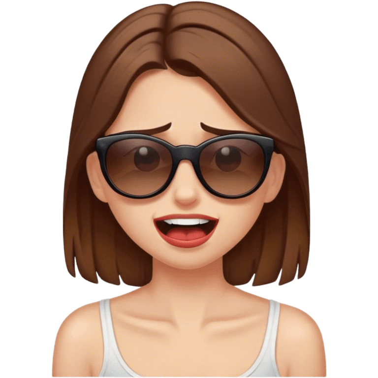 White girl with brown hair wearing sunglasses in pain emoji