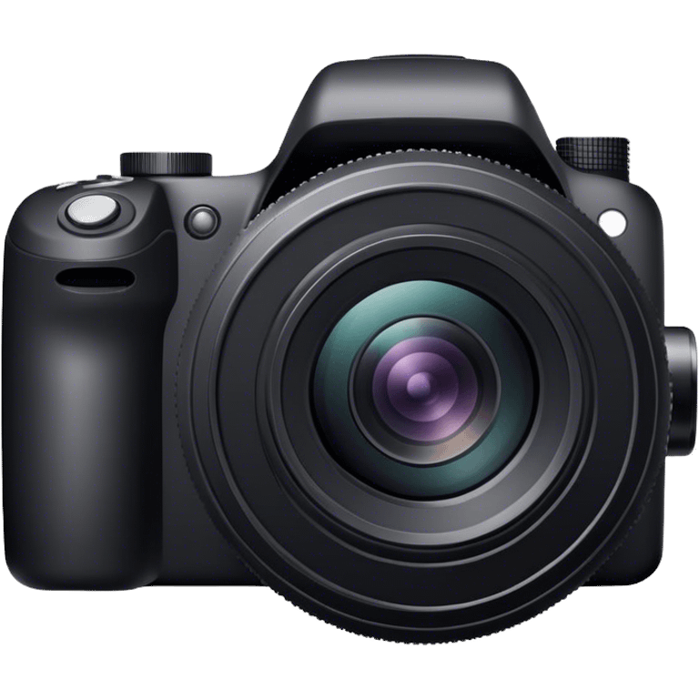 Photography icon, black camera with large lens, camera in focus, minimalistic style, clean lines, transparent background. emoji