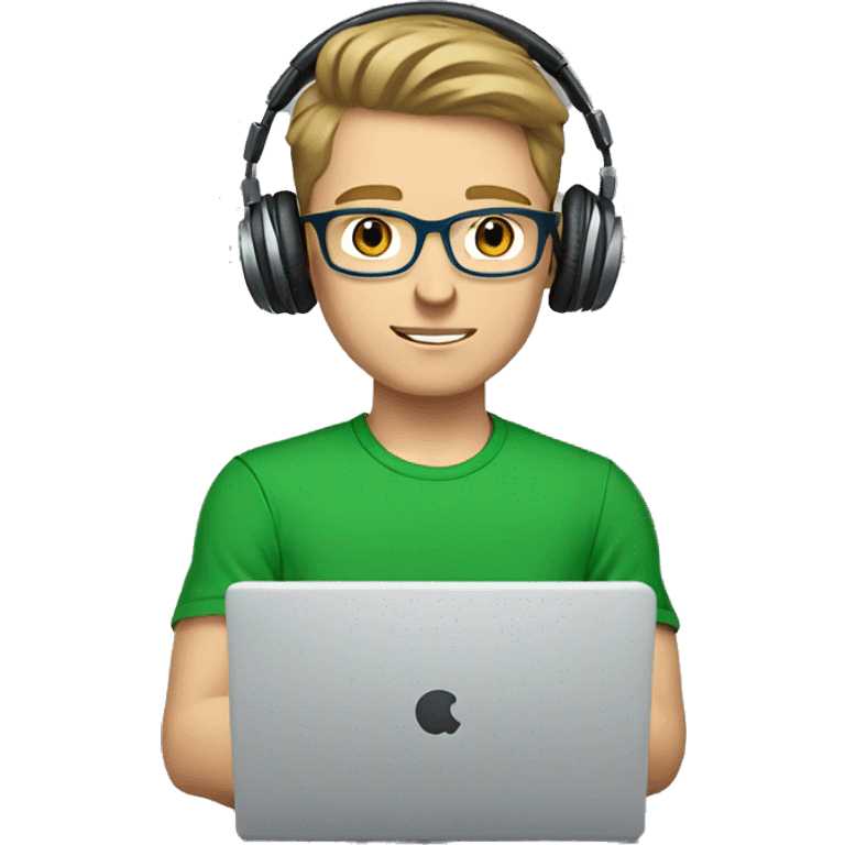 white young man with light brown hair and square glasses and blue eyes wearing green t-shirt with laptop and headphones emoji