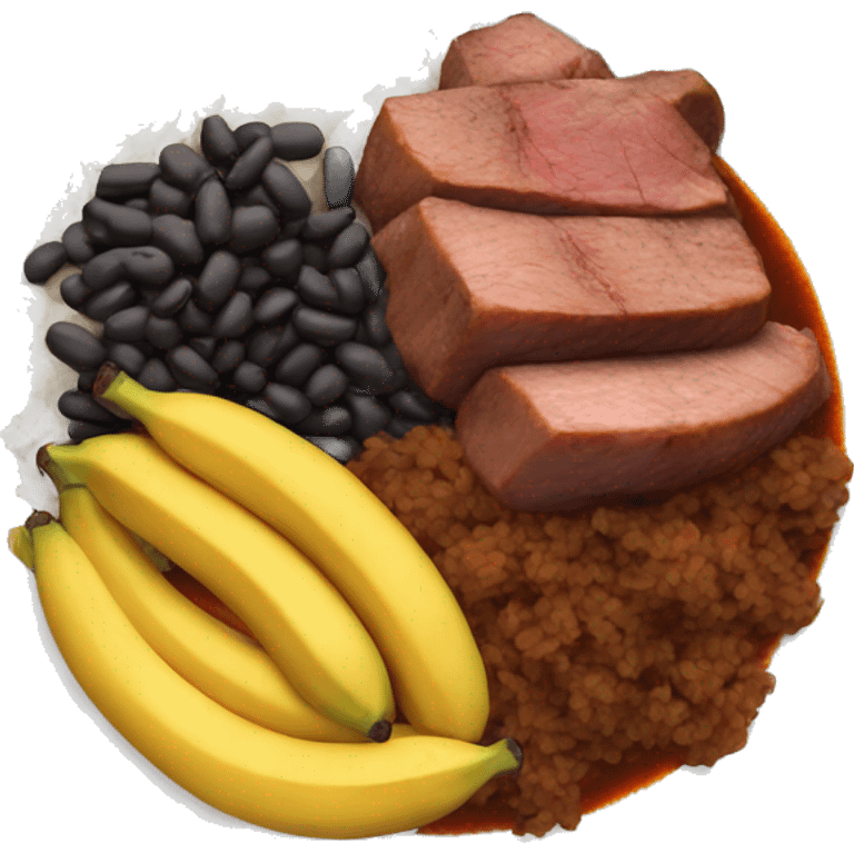 A plate with cooked meat in sauce , rice and sweet plantains and black beans emoji