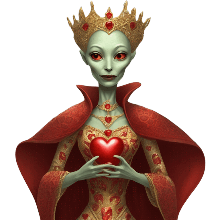 a Reptilian alien woman full body in Romanov dress, holding big red heart emoji