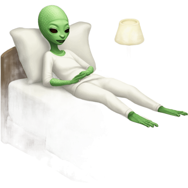 Reptilian alien woman, in white in pajamas, sleeping to bed emoji