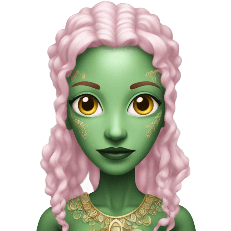 a green amazon alien woman in Victorian white gold pink hair full body  emoji