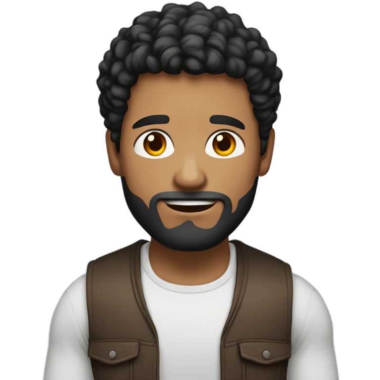 men holding his computer in hands. light brown skin men with curly black hair, dark brown eyes, little grown beard. little bit muscular. dressed casual. round face. emoji