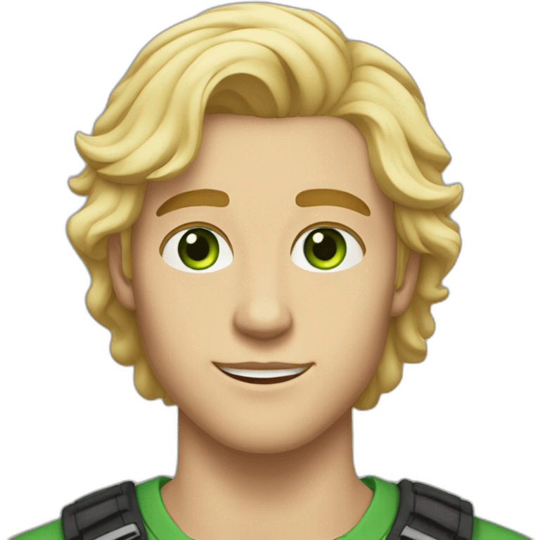 blonde twenty year old guy with side part brow-length wavy hair and green eyes emoji