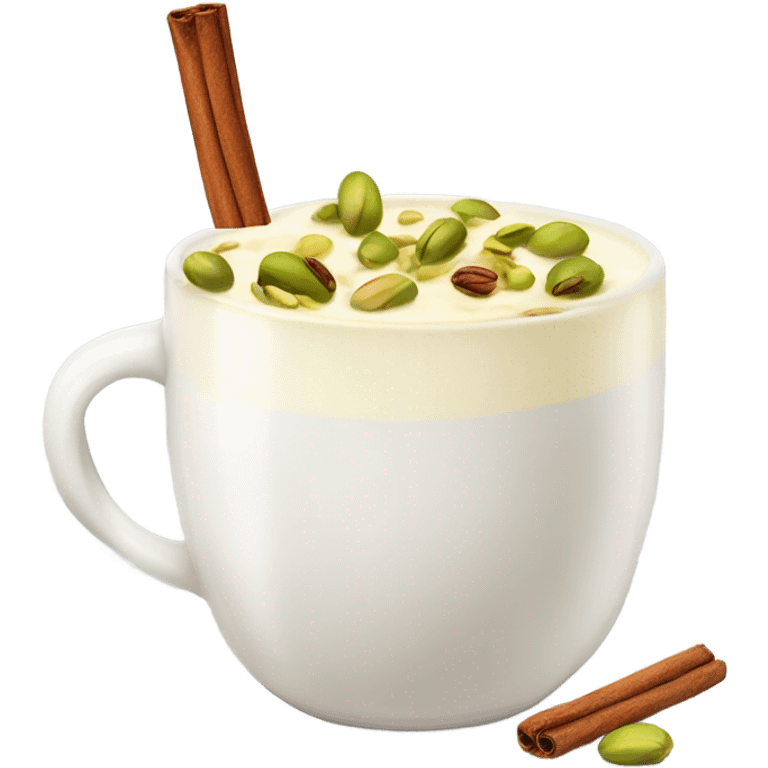 Milk in a mug with cinnamon and pistachio ontop emoji