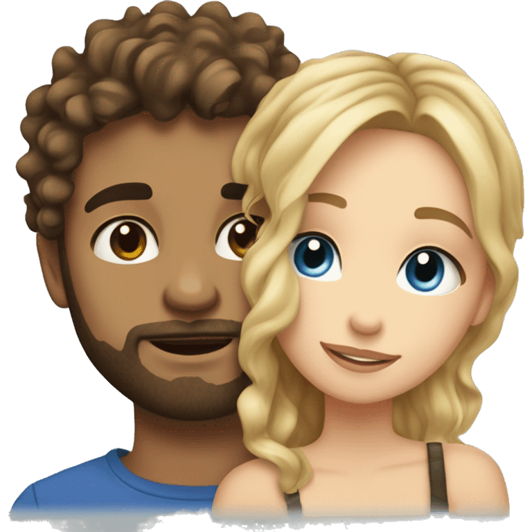 Guy with scruff with brunette curly wavy hair and blue eyes kissing pretty blonde girl with layered hair and hazel eyes  emoji