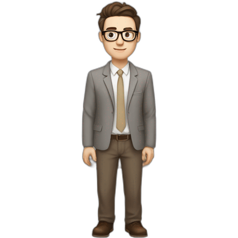 Pale skinned fit man with dark brown hair in gray jacket, beige office shirt, brown tie, brown pants and vintage glasses Writing on the flipchart emoji