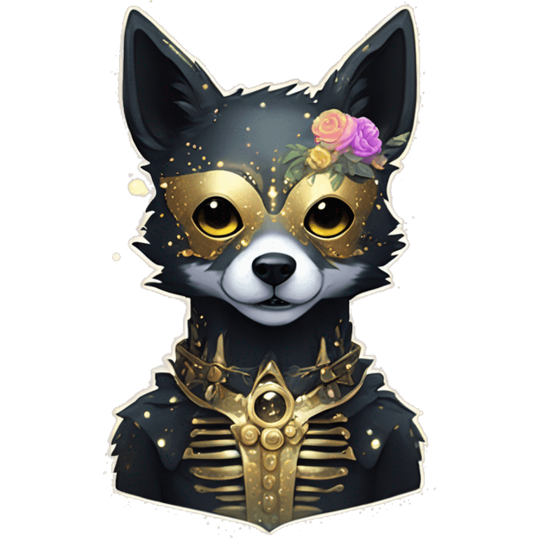 Sparkling Black iridescent dog fox zombie skeleton gold mechanical nebula galaxy stars flowers fairy lights vintage emoji