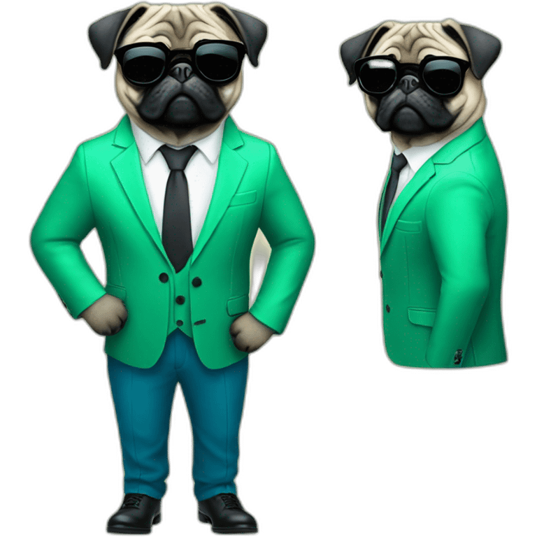 dog pug-in-gradient-green-blue-suit-with-and-black-sunglasses-standing-with-black-shoes emoji