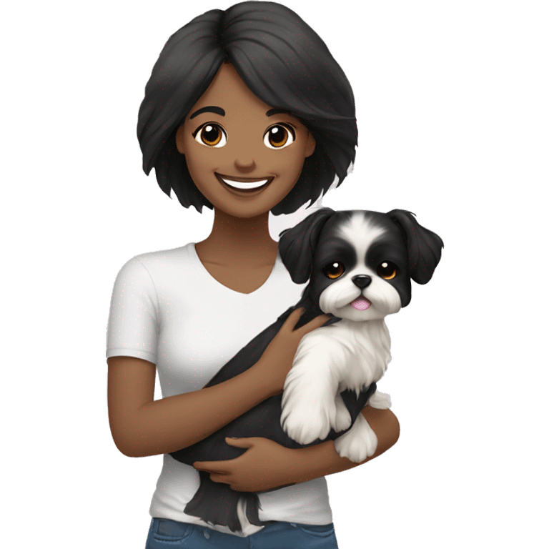 happy black hair girl carrying happy Shih Tzu emoji