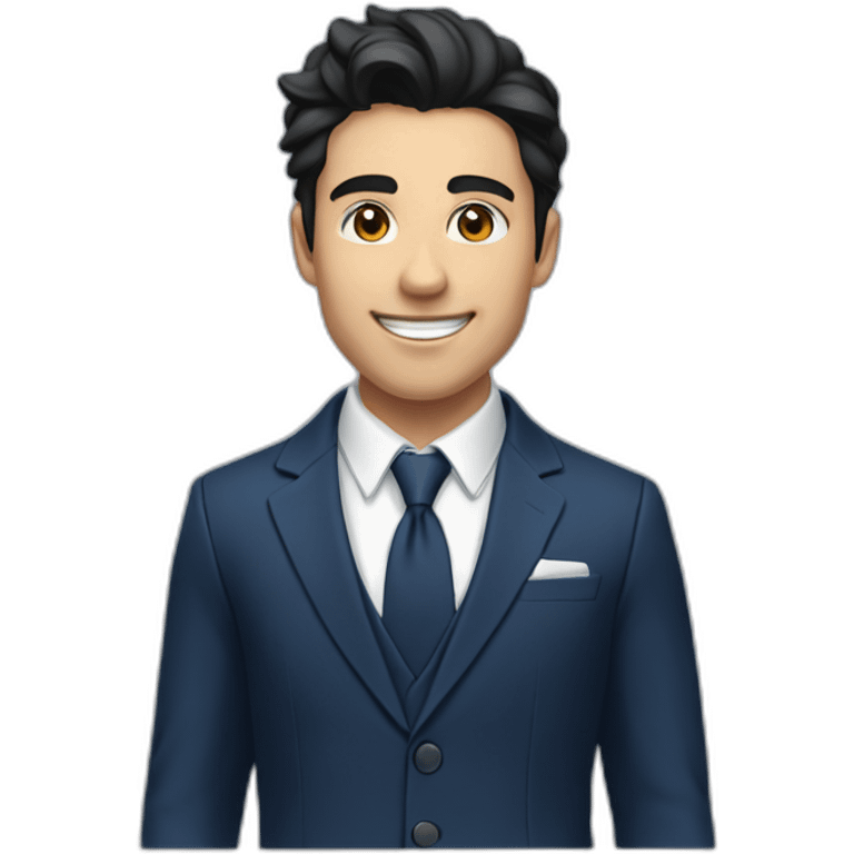  a young man with a joyful expression. He has dark hair styled neatly, a clear complexion, and is wearing a dark blue suit with a notched lapel, over a white shirt with no visible tie. emoji