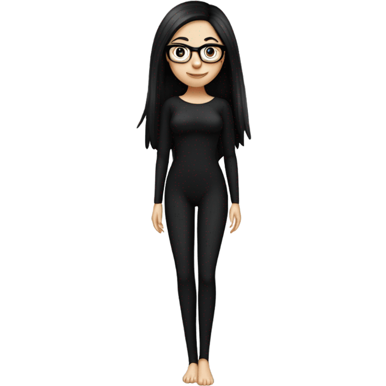 White girl with long straight black hair wearing a black bodysuit and glasses full body emoji